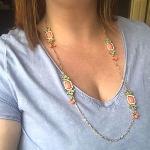 Long Gold Tone Necklace w/ Pink & Green Beads